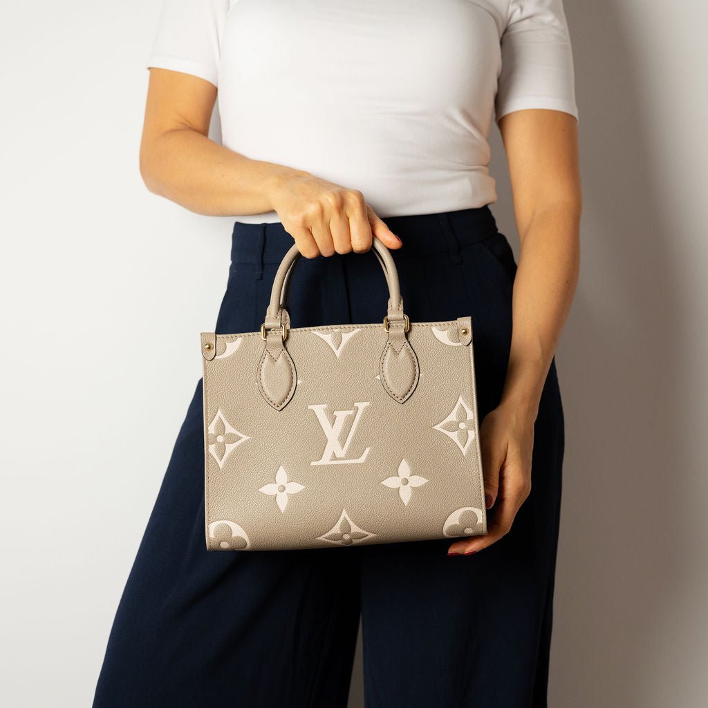 Second hand Louis Vuitton Onthego PM Calfskin Grained Leather Empreinte Tote Shoulder Bag Beige - Tabita Bags