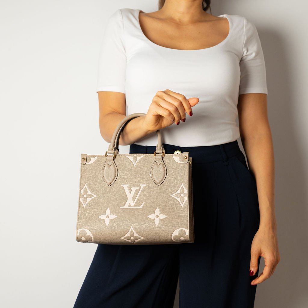 Second hand Louis Vuitton Onthego PM Calfskin Grained Leather Empreinte Tote Shoulder Bag Beige - Tabita Bags