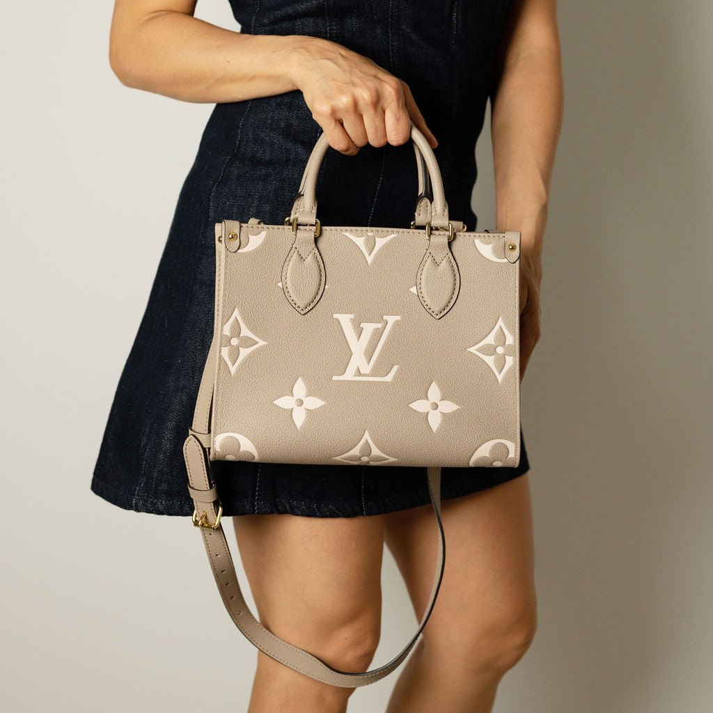 Second hand Louis Vuitton Onthego PM Calfskin Grained Leather Empreinte Tote Shoulder Bag Giant Empreinte - Tabita Bags
