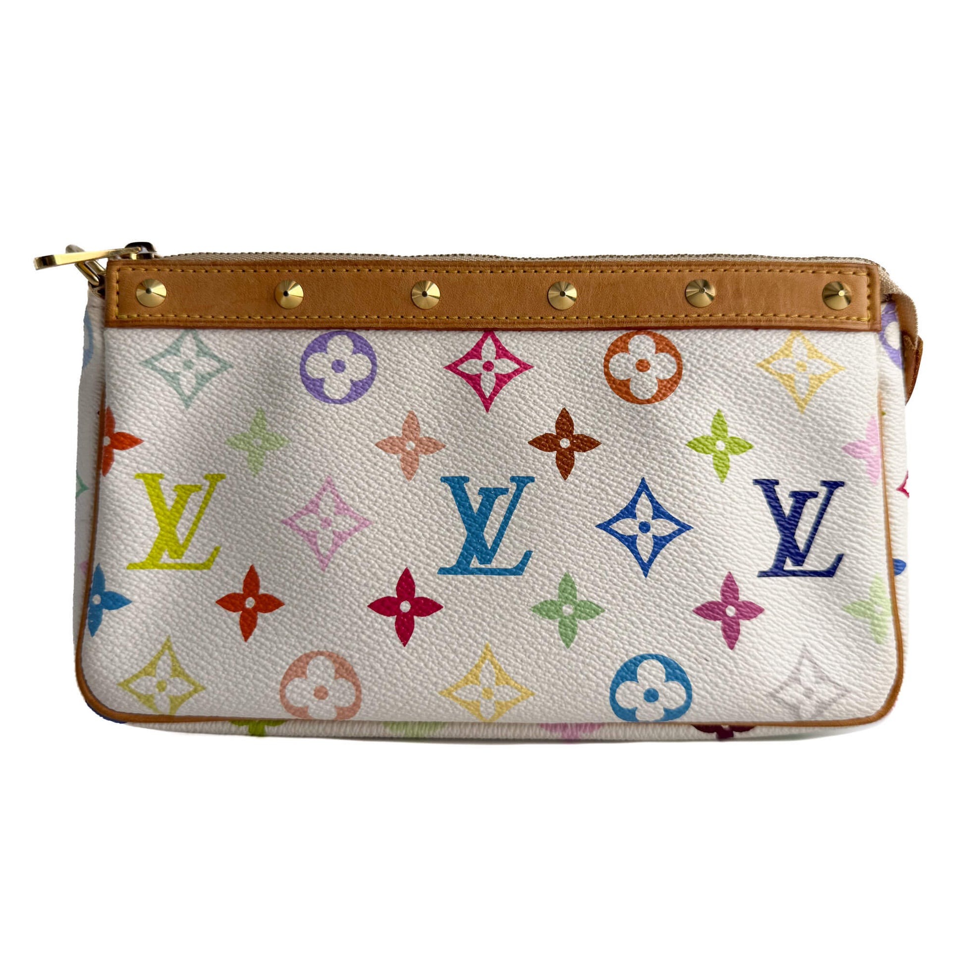 Second hand Louis Vuitton Pochette Canvas Murakami Multicolor Pouch Clutch White - Tabita Bags