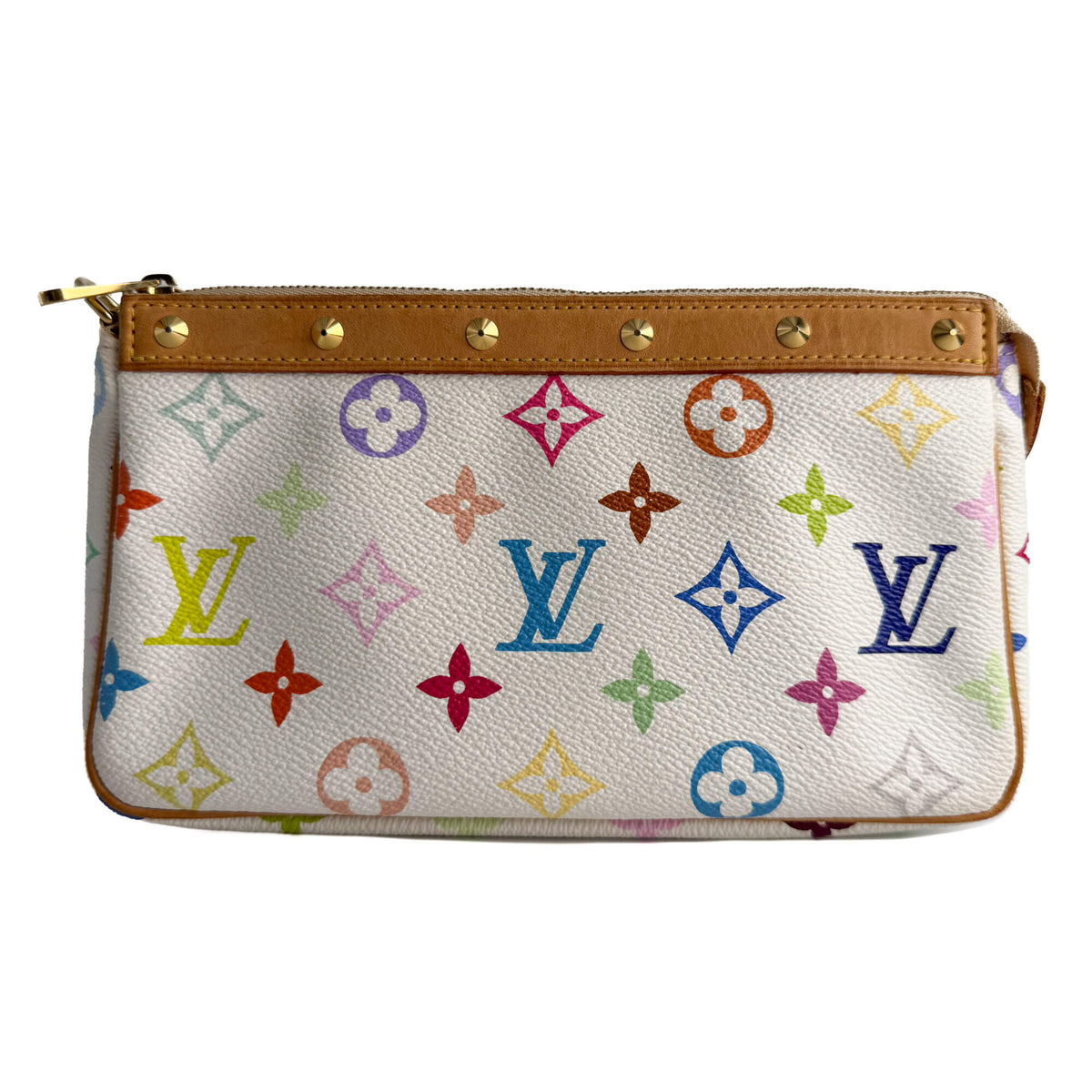 Second hand Louis Vuitton Pochette Canvas Murakami Multicolor Pouch Clutch White - Tabita Bags