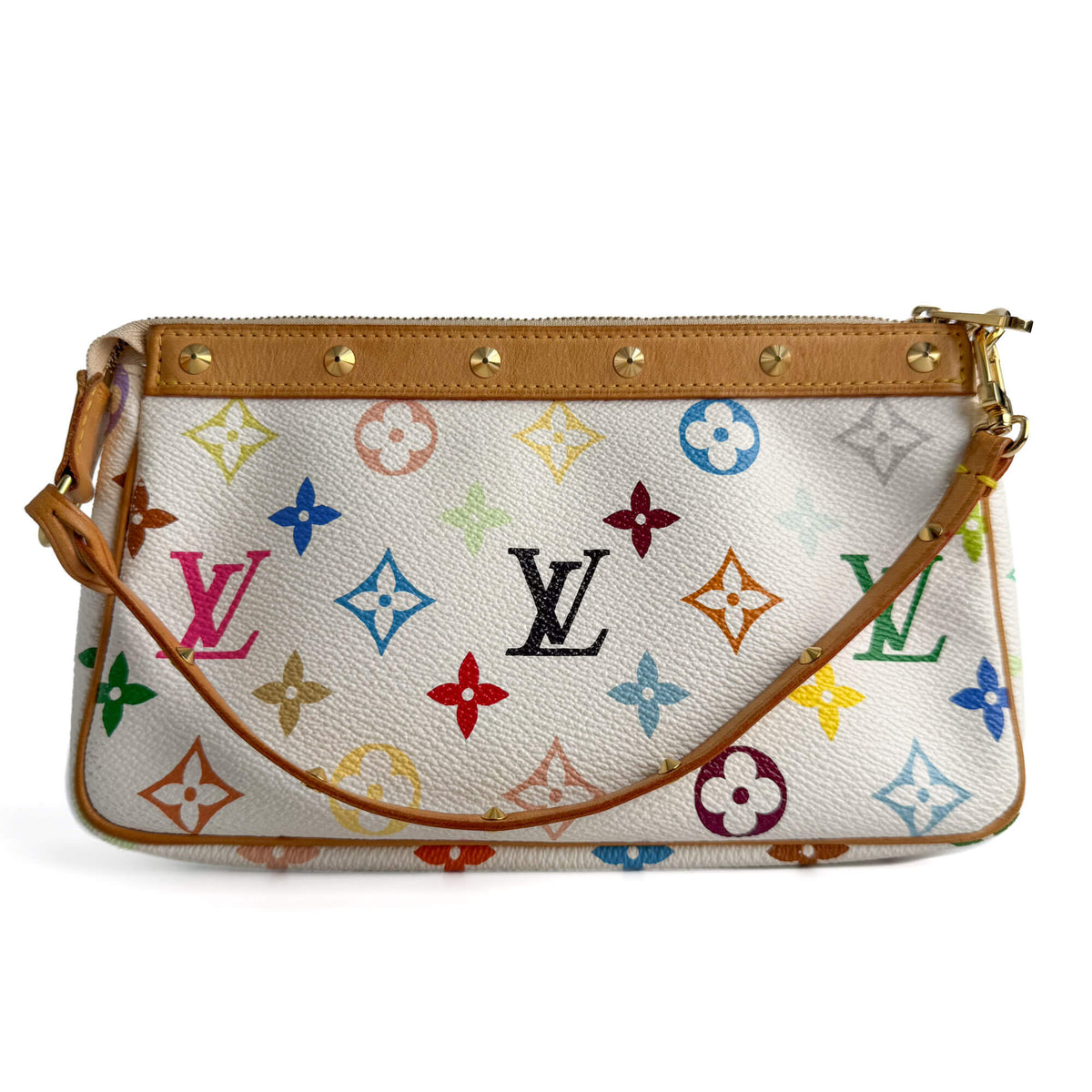 Second hand Louis Vuitton Pochette Canvas Murakami Multicolor Pouch Clutch White - Tabita Bags