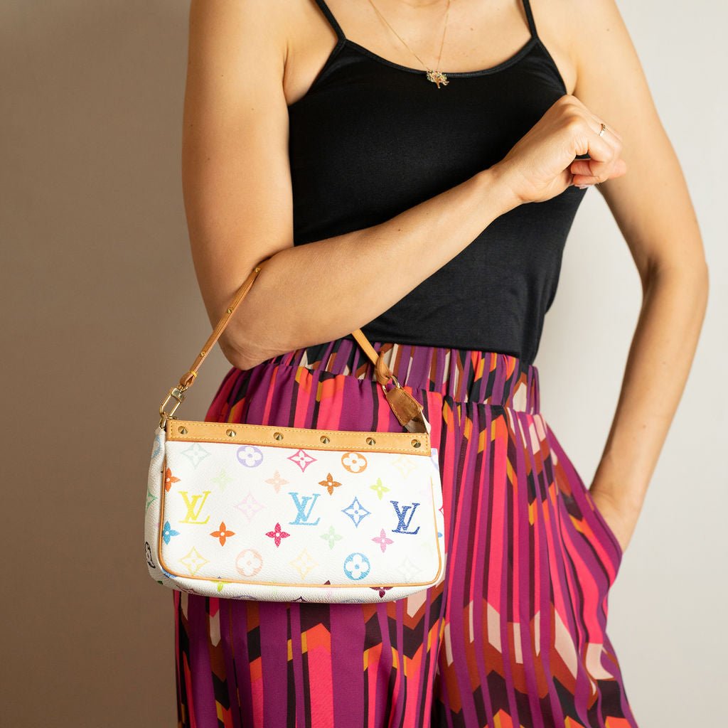 Second hand Louis Vuitton Pochette Canvas Murakami Multicolor Pouch Clutch White - Tabita Bags
