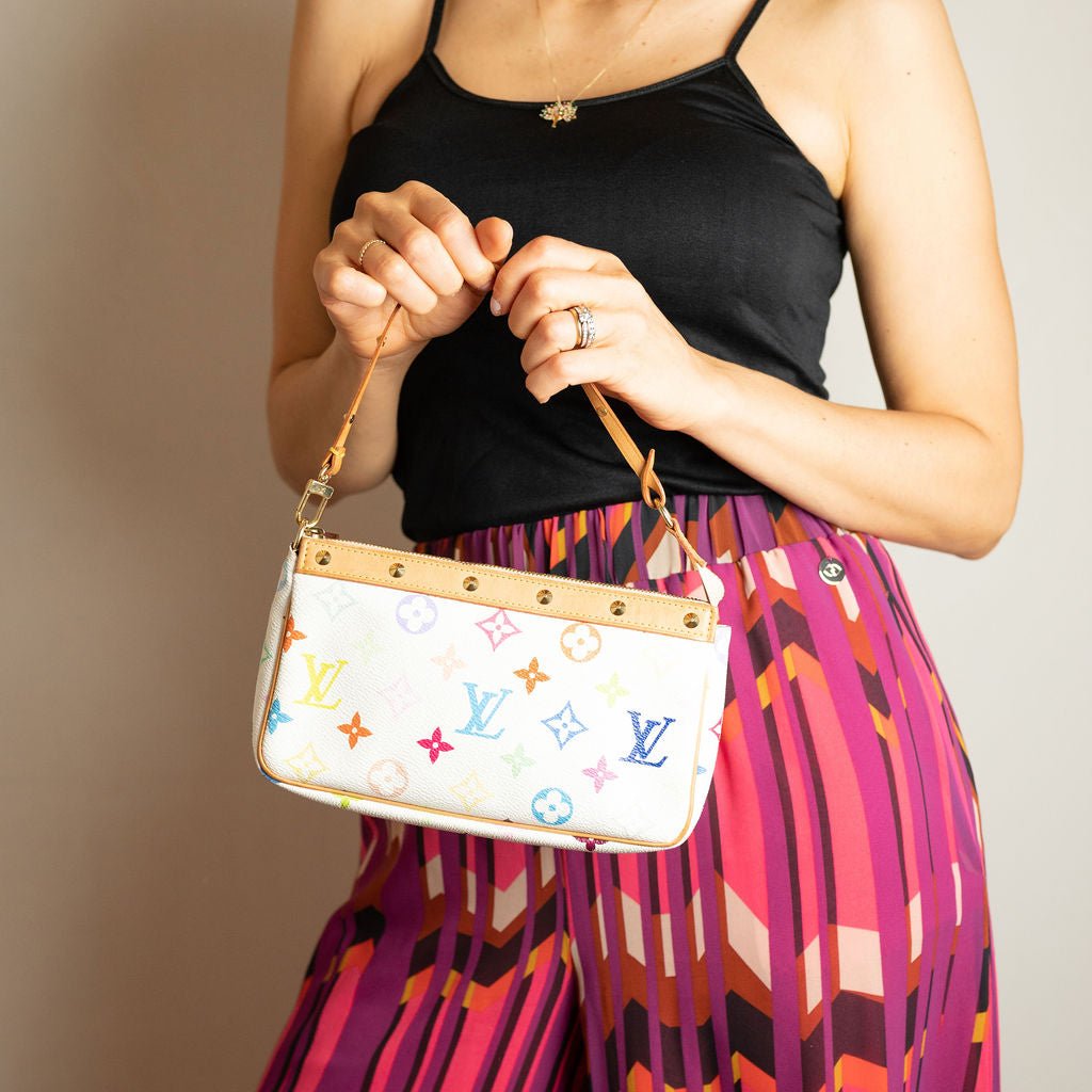 Second hand Louis Vuitton Pochette Canvas Murakami Multicolor Pouch Clutch White - Tabita Bags