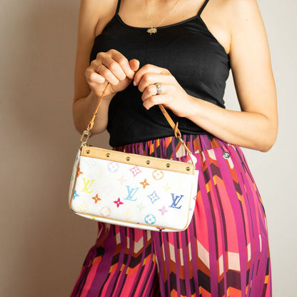Second hand Louis Vuitton Pochette Canvas Murakami Multicolor Pouch Clutch White - Tabita Bags