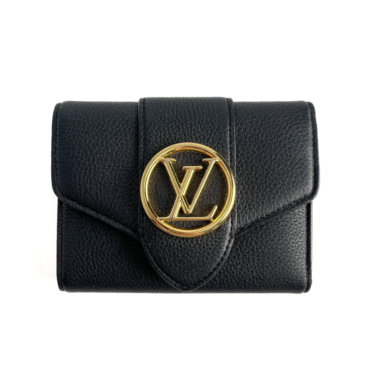 Second hand Louis Vuitton Pont 9 Calfskin Grained Leather Folding Wallet Black - Tabita Bags