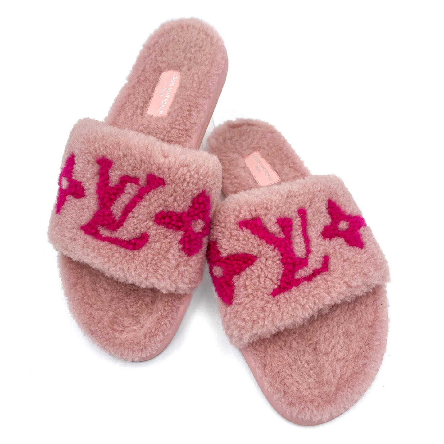 Second hand Louis Vuitton Shearling Slippers Fabric Flat Mule 39 Pink - Tabita Bags