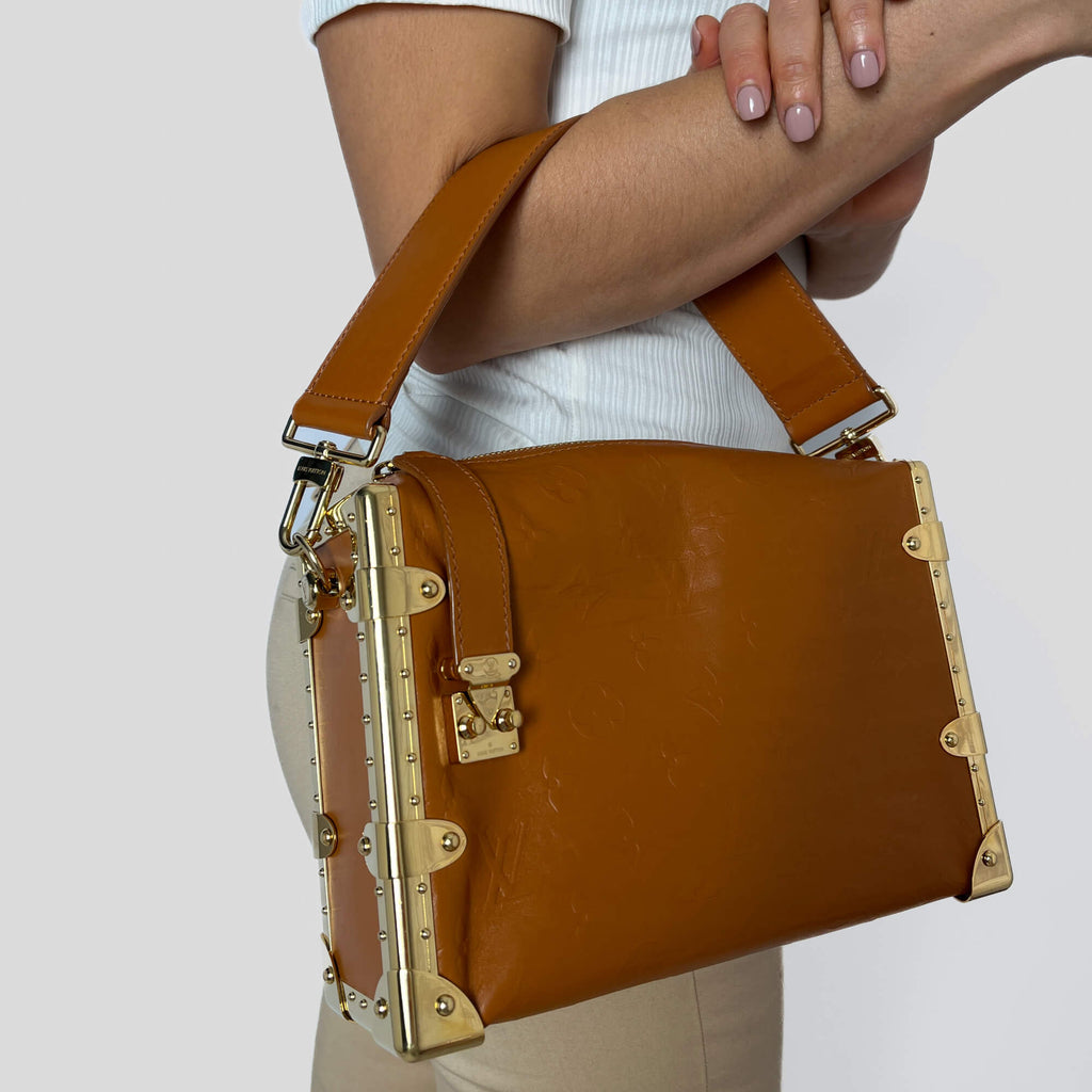 Second hand Louis Vuitton Side Trunk MM Embossed Monogram Leather Trunk Shoulder Bag Caramel - Tabita Bags