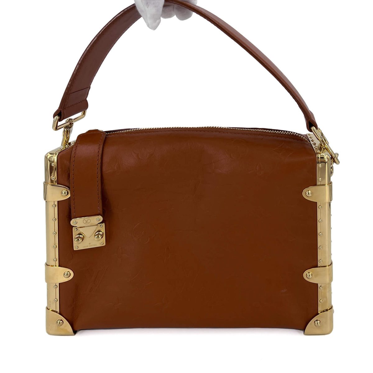 Second hand Louis Vuitton Side Trunk MM Embossed Monogram Leather Trunk Shoulder Bag Caramel - Tabita Bags
