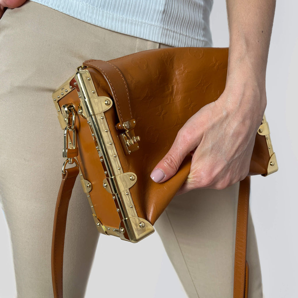 Second hand Louis Vuitton Side Trunk MM Embossed Monogram Leather Trunk Shoulder Bag Caramel - Tabita Bags