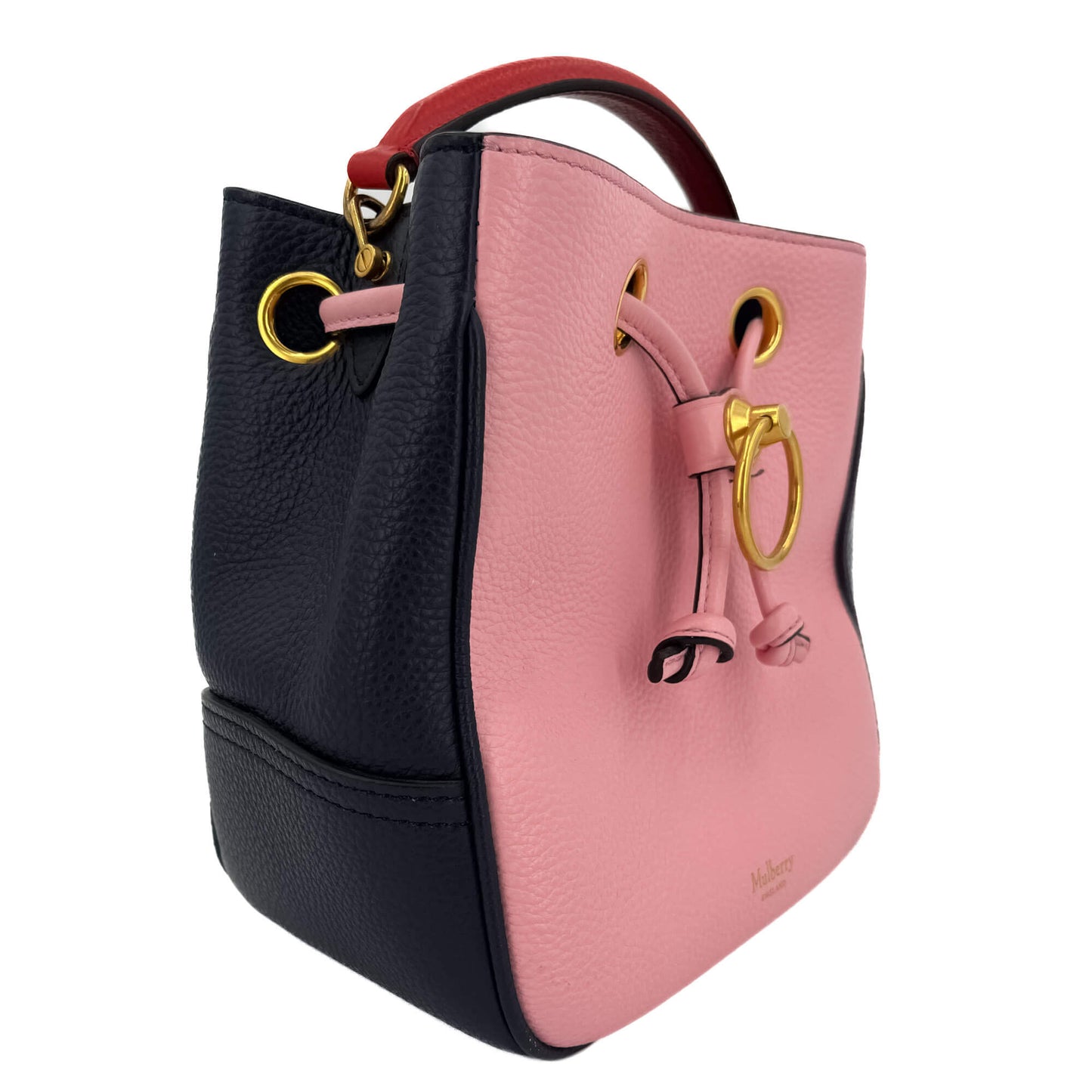 Second hand Mulberry Hampstead Mini 2 - Ways Bucket Bag Blue Navy, pink and red. - Tabita Bags