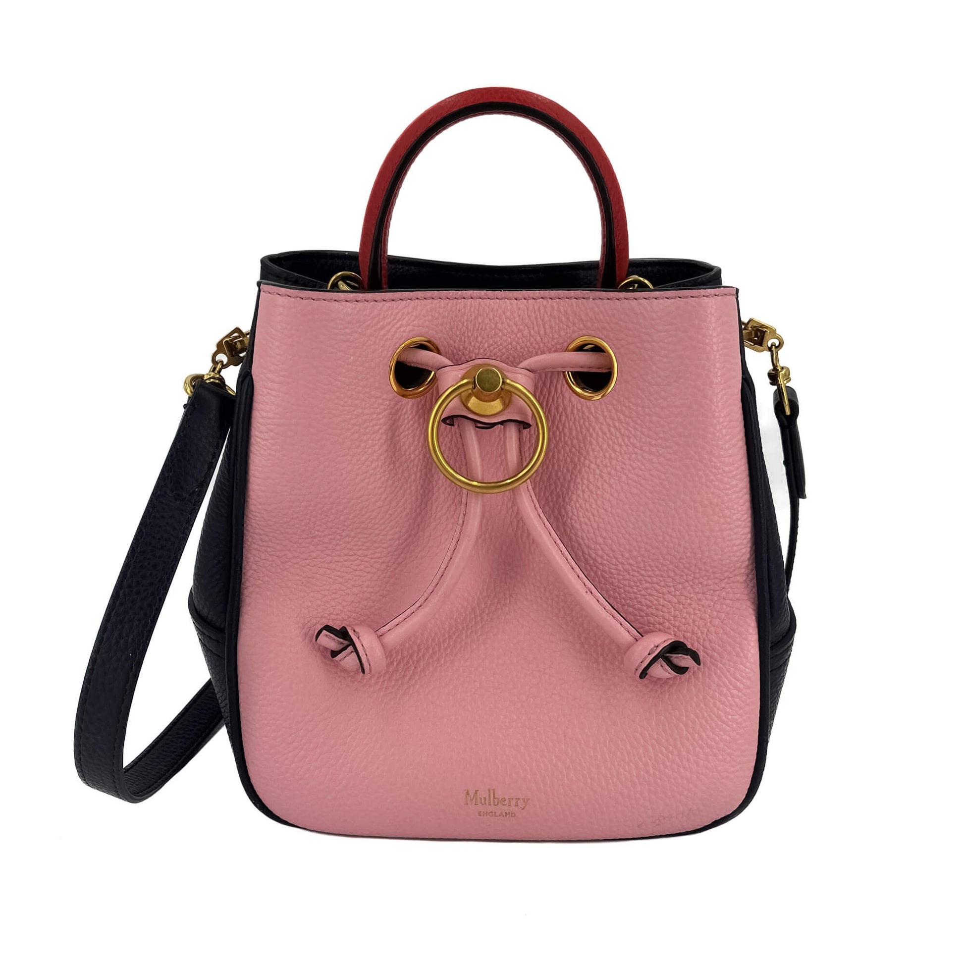 Second hand Mulberry Hampstead Mini 2 - Ways Bucket Bag Blue Navy, pink and red. - Tabita Bags