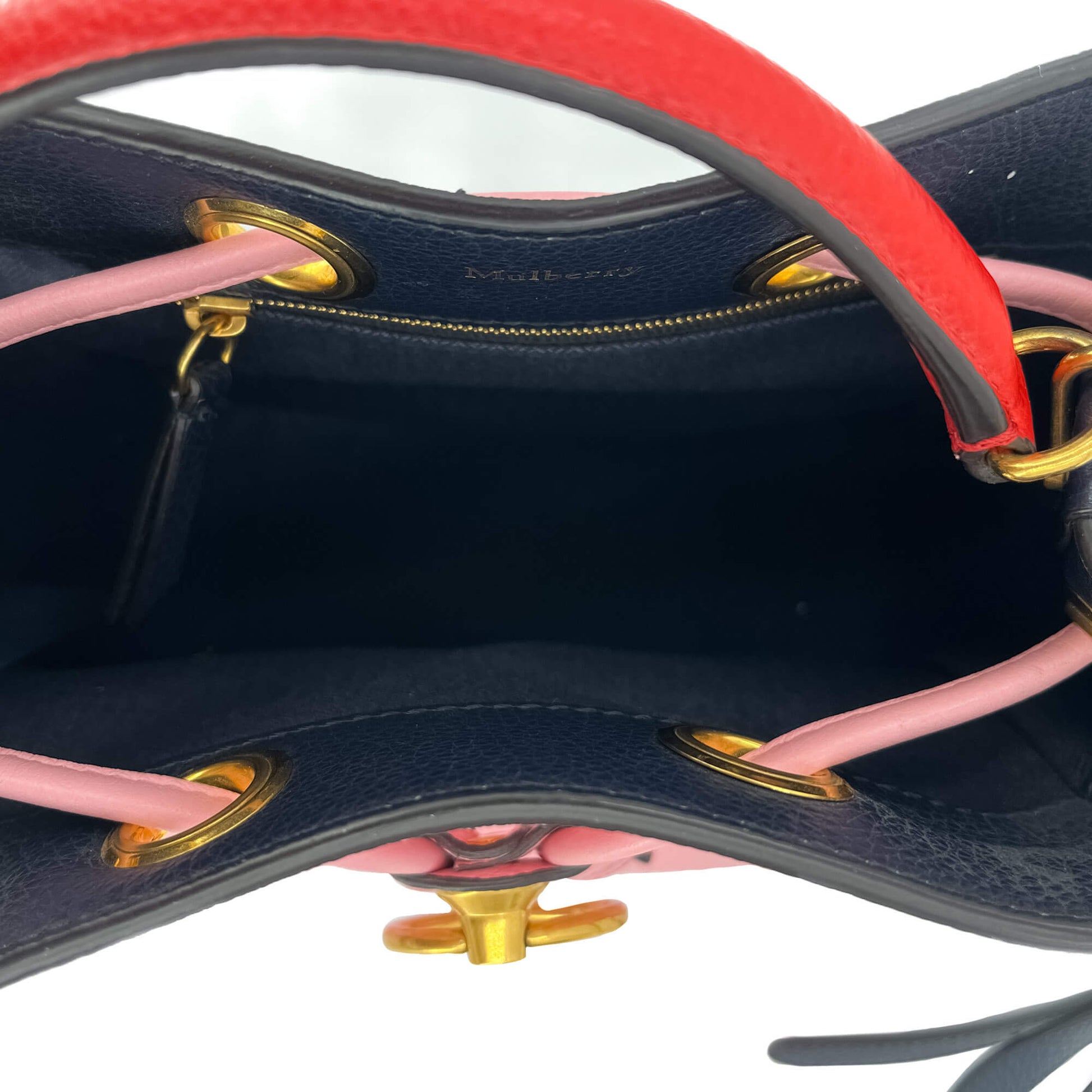 Second hand Mulberry Hampstead Mini 2 - Ways Bucket Bag Blue Navy, pink and red. - Tabita Bags