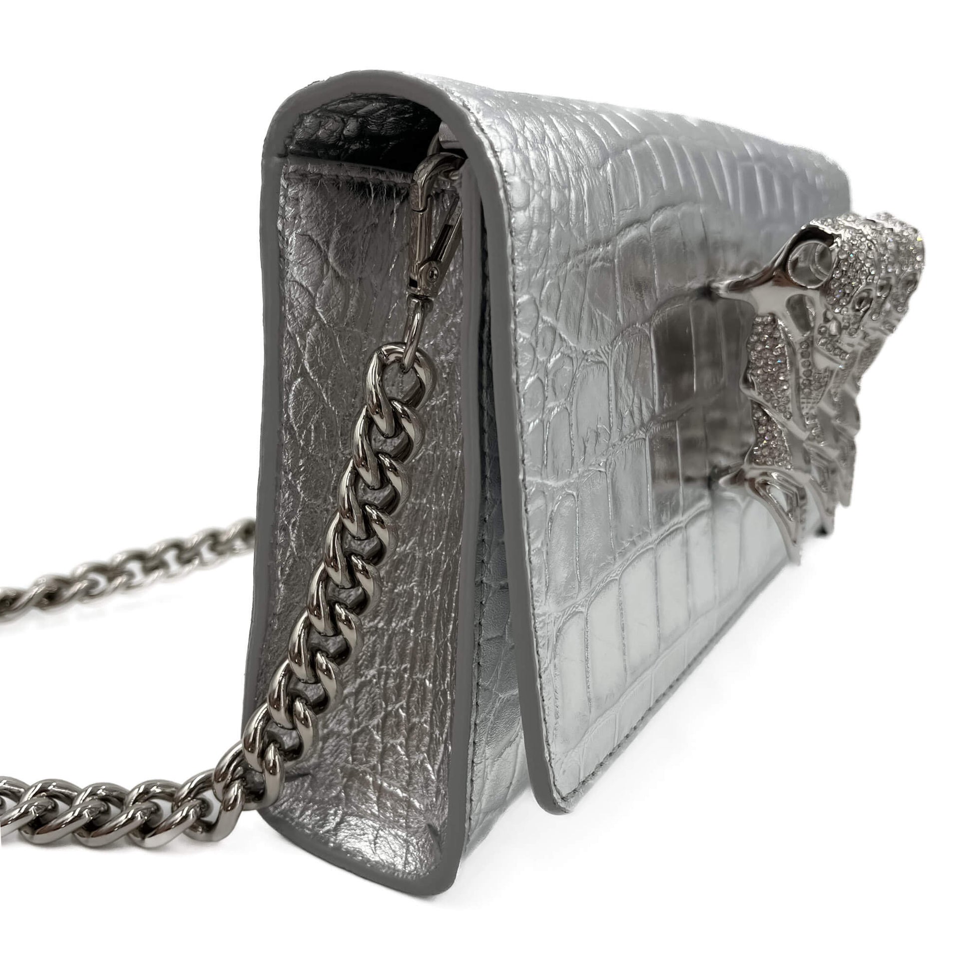 Second hand Philipp Plein Flap Clutch Small Calf Leather Leather 2 - Ways Croco Print Silver - Tabita Bags