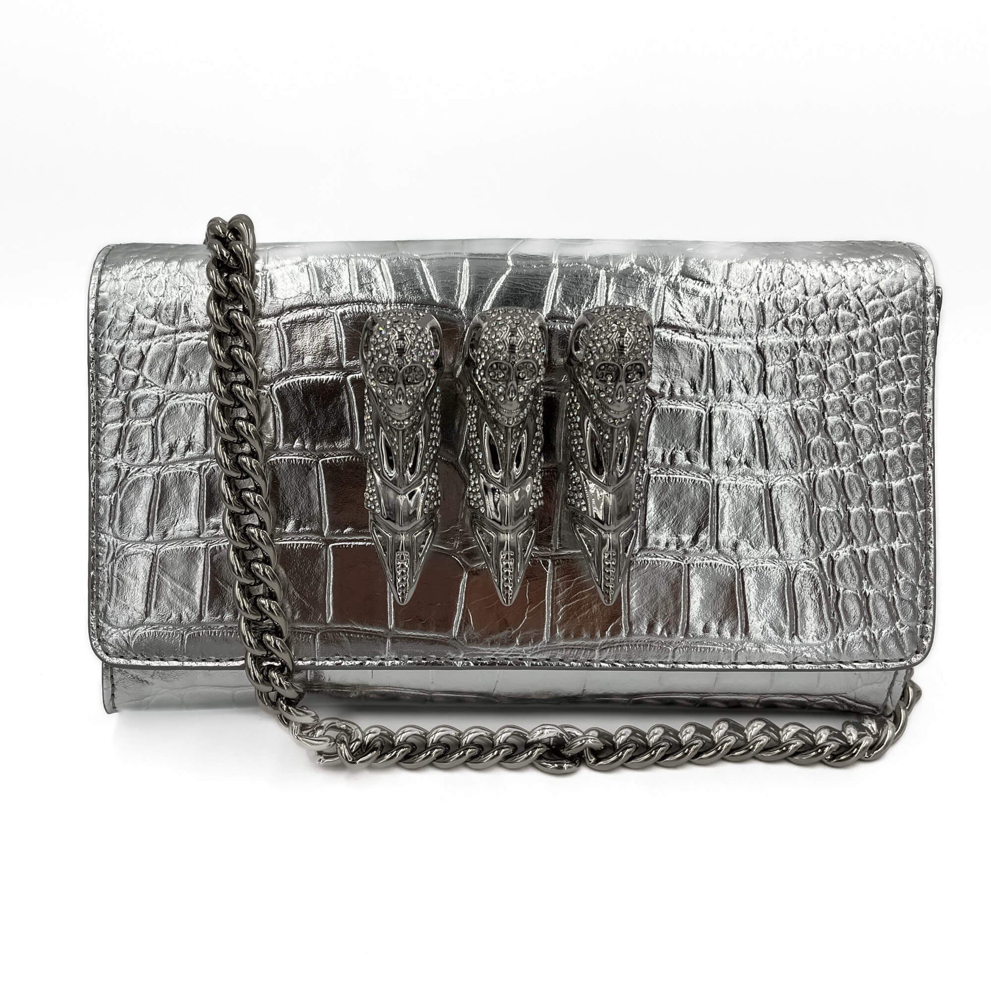 Second hand Philipp Plein Flap Clutch Small Calf Leather Leather 2 - Ways Croco Print Silver - Tabita Bags