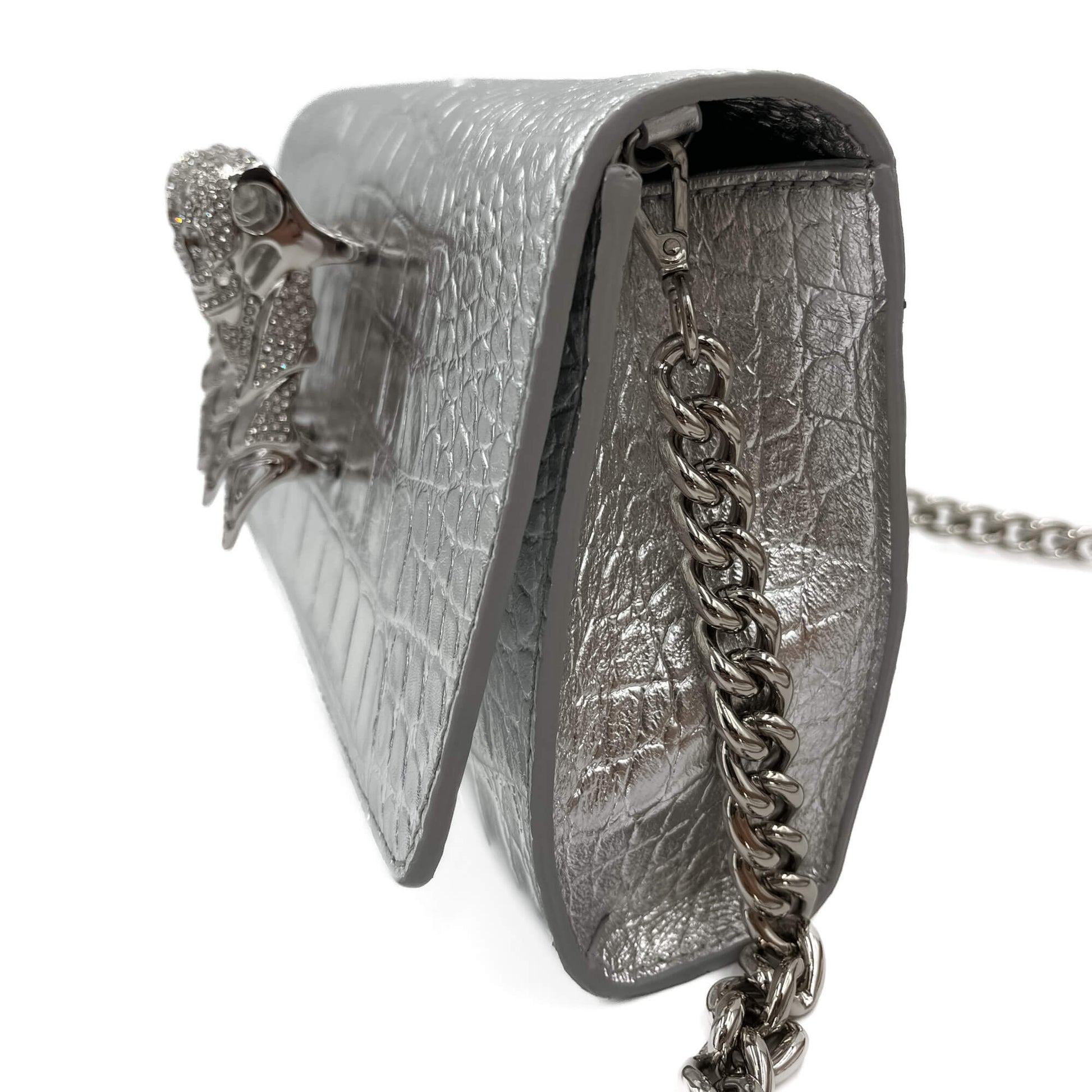 Second hand Philipp Plein Flap Clutch Small Calf Leather Leather 2 - Ways Croco Print Silver - Tabita Bags