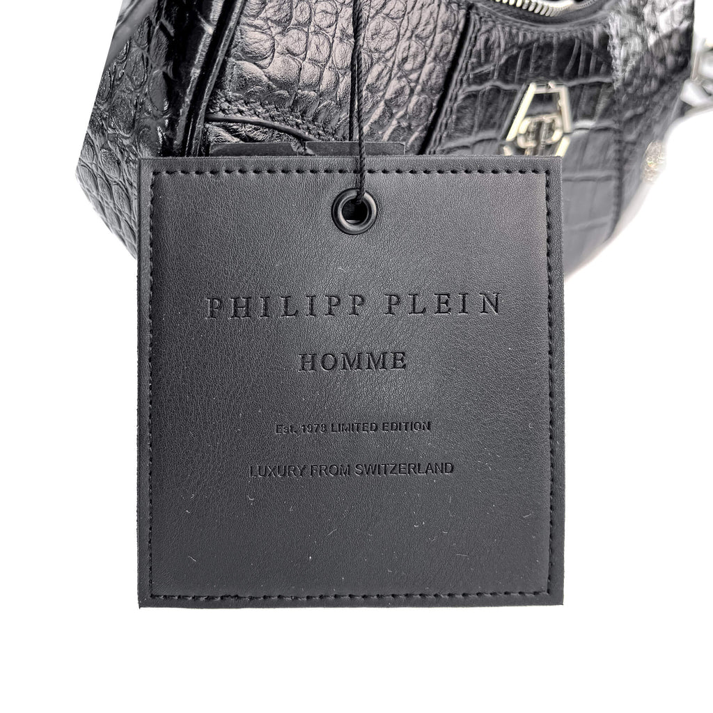 Second hand Philipp Plein Hexagon Croco Printed Leather Bowler Shoulder Bag Black - Tabita Bags