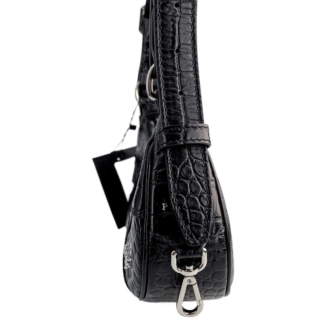 Second hand Philipp Plein Hexagon Croco Printed Leather Bowler Shoulder Bag Black - Tabita Bags