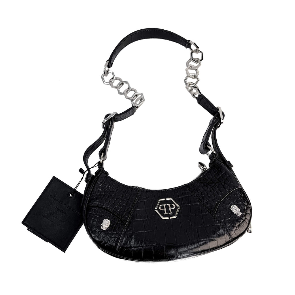 Second hand Philipp Plein Hexagon Croco Printed Leather Bowler Shoulder Bag Black - Tabita Bags