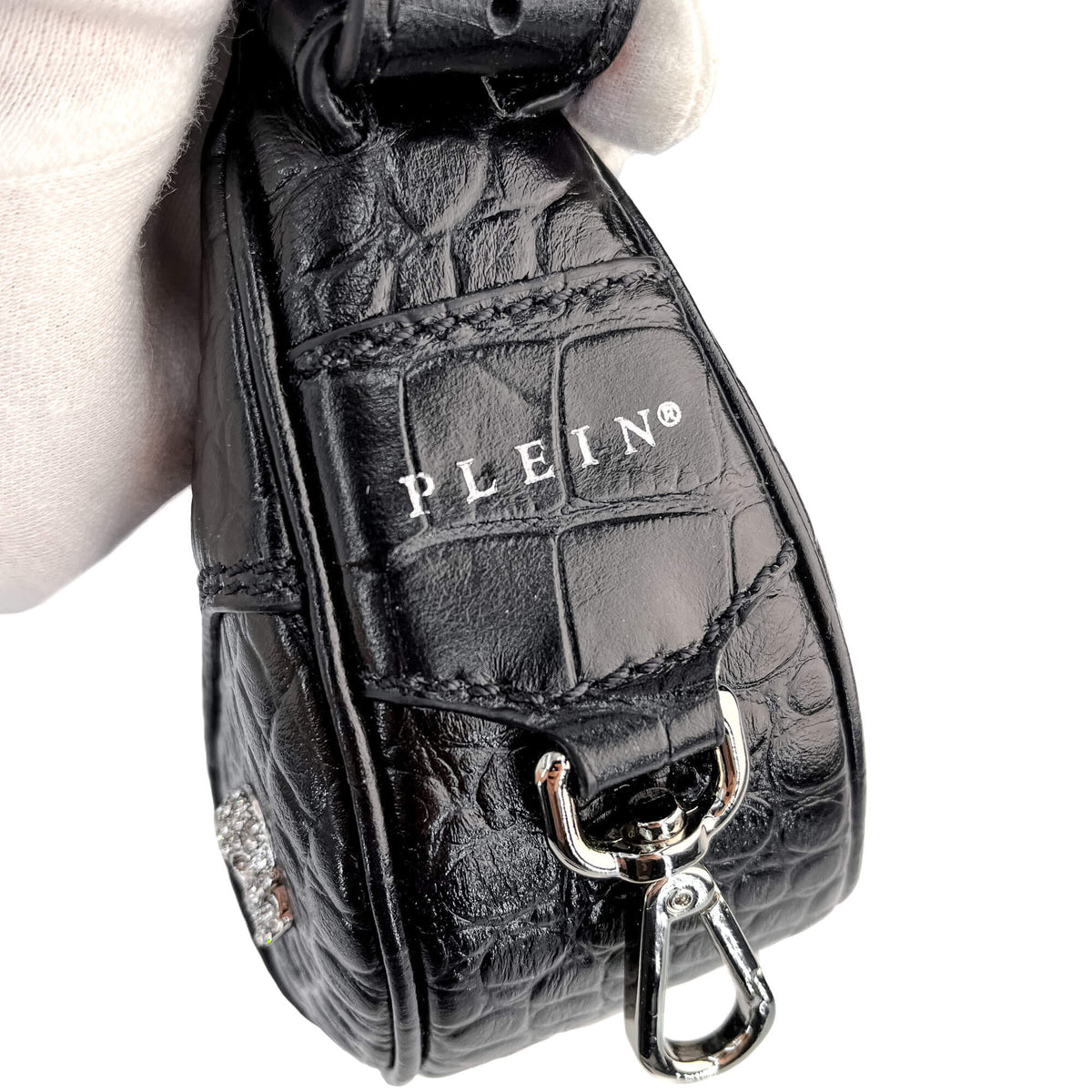 Second hand Philipp Plein Hexagon Croco Printed Leather Bowler Shoulder Bag Black - Tabita Bags