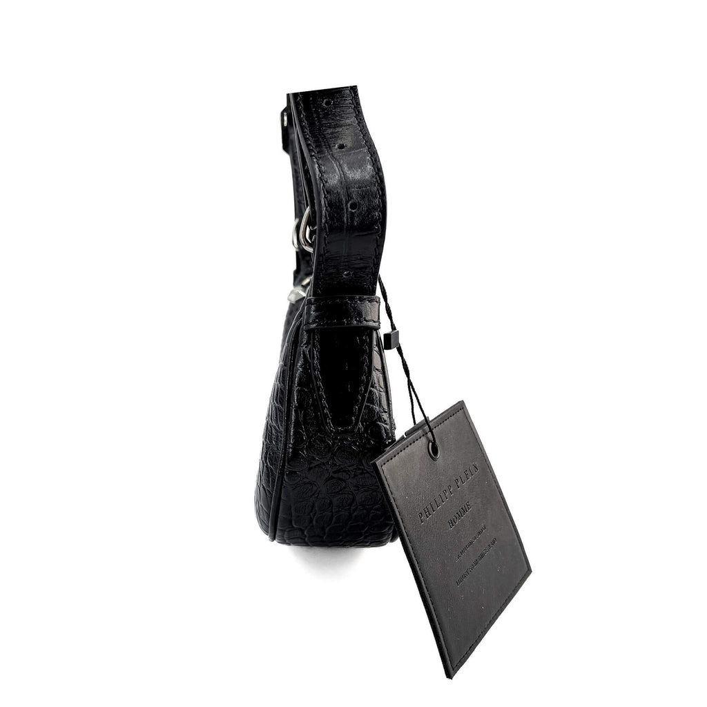 Second hand Philipp Plein Hexagon Croco Printed Leather Bowler Shoulder Bag Black - Tabita Bags