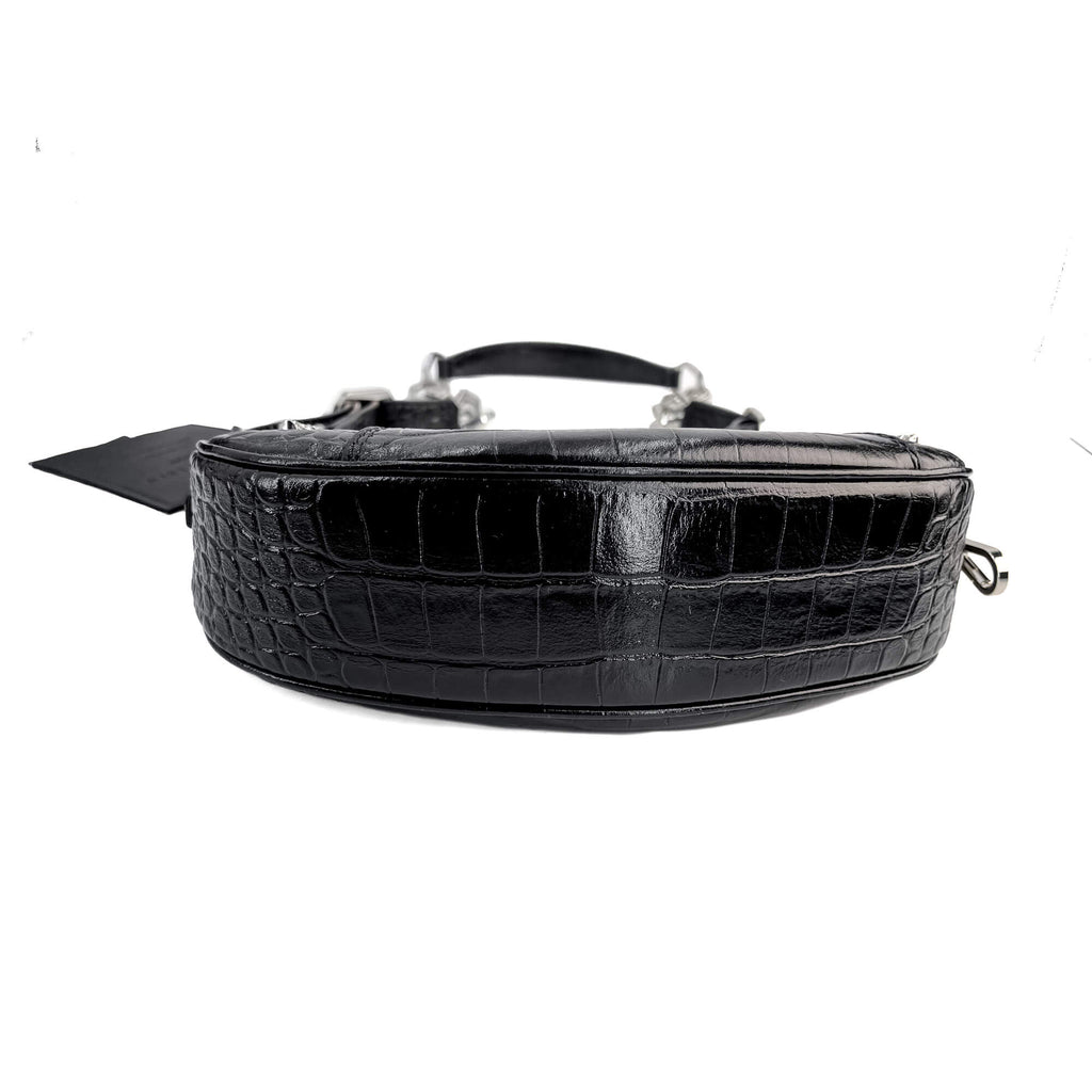 Second hand Philipp Plein Hexagon Croco Printed Leather Bowler Shoulder Bag Black - Tabita Bags