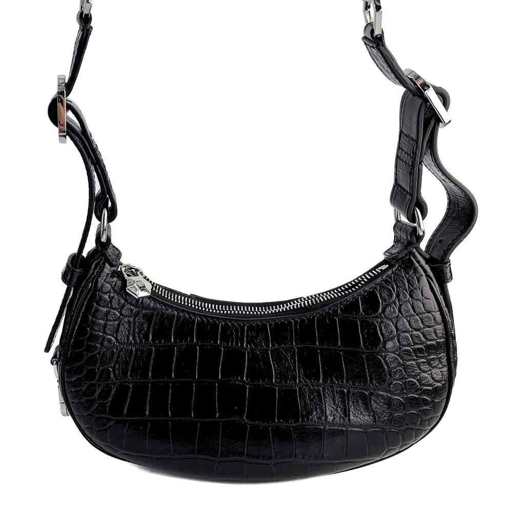 Second hand Philipp Plein Hexagon Croco Printed Leather Bowler Shoulder Bag Black - Tabita Bags