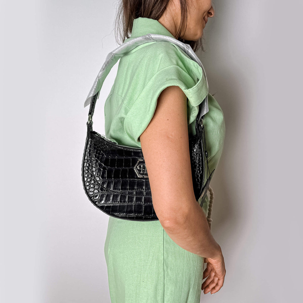 Second hand Philipp Plein Hexagon Croco Printed Leather Hobo Shoulder Bag Black - Tabita Bags