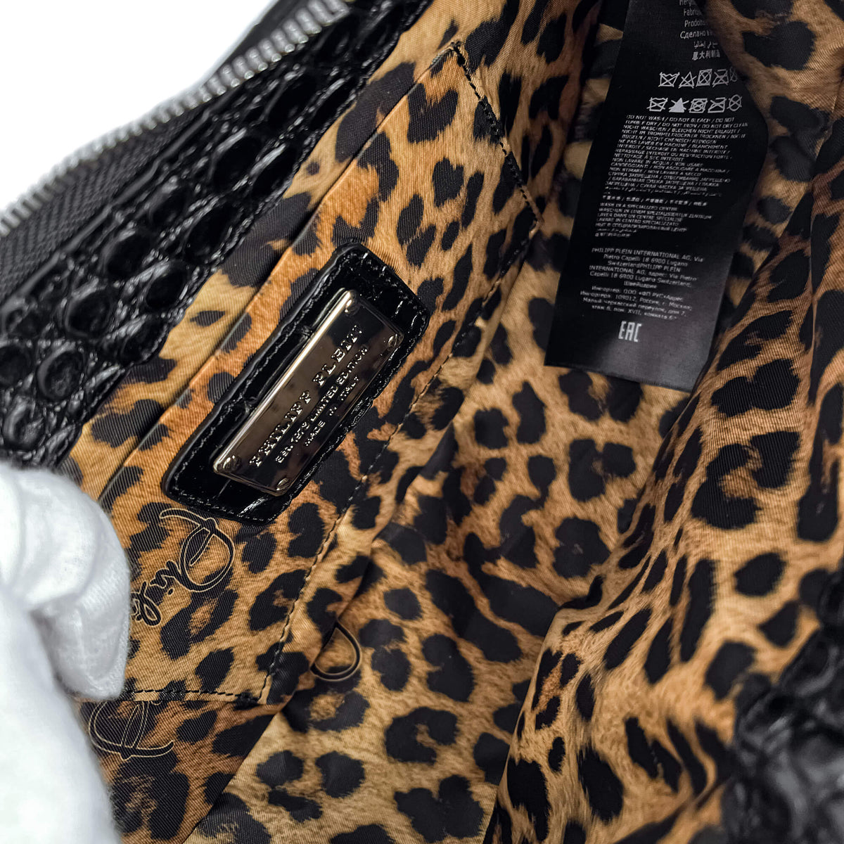 Second hand Philipp Plein Hexagon Croco Printed Leather Hobo Shoulder Bag Black - Tabita Bags