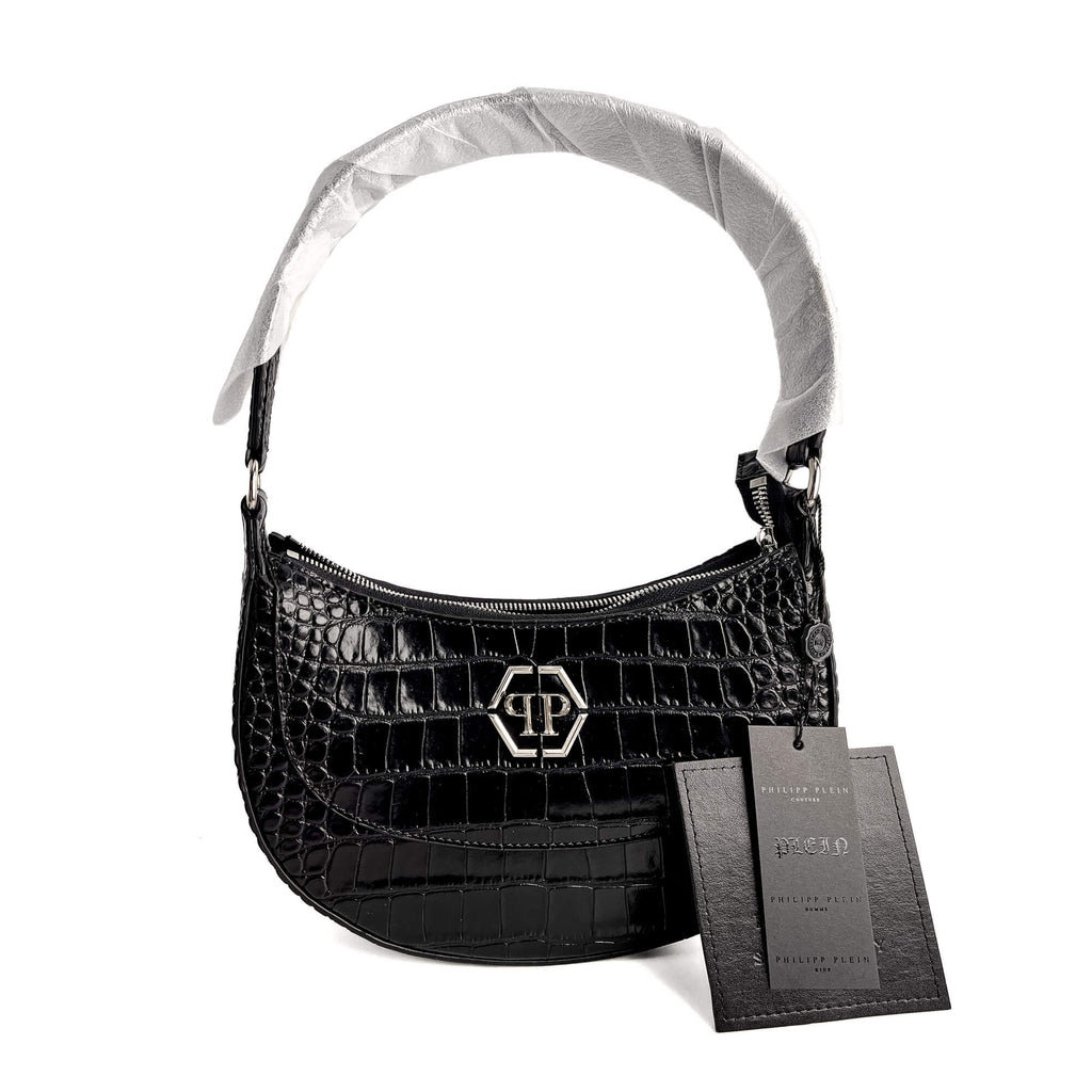 Second hand Philipp Plein Hexagon Croco Printed Leather Hobo Shoulder Bag Black - Tabita Bags