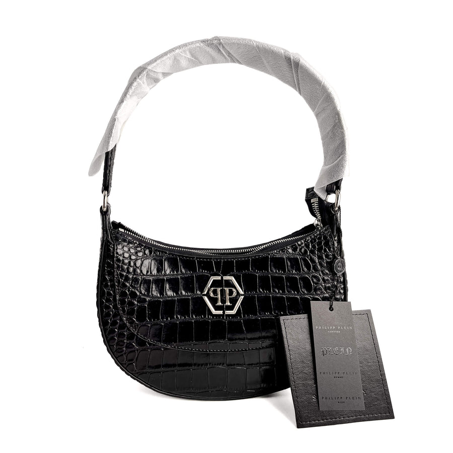 Second hand Philipp Plein Hexagon Croco Printed Leather Hobo Shoulder Bag Black - Tabita Bags