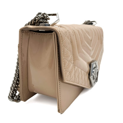 Second hand Philipp Plein Hexagon Medium Patent Leather 2-Ways Flap Bag Beige - Tabita Bags