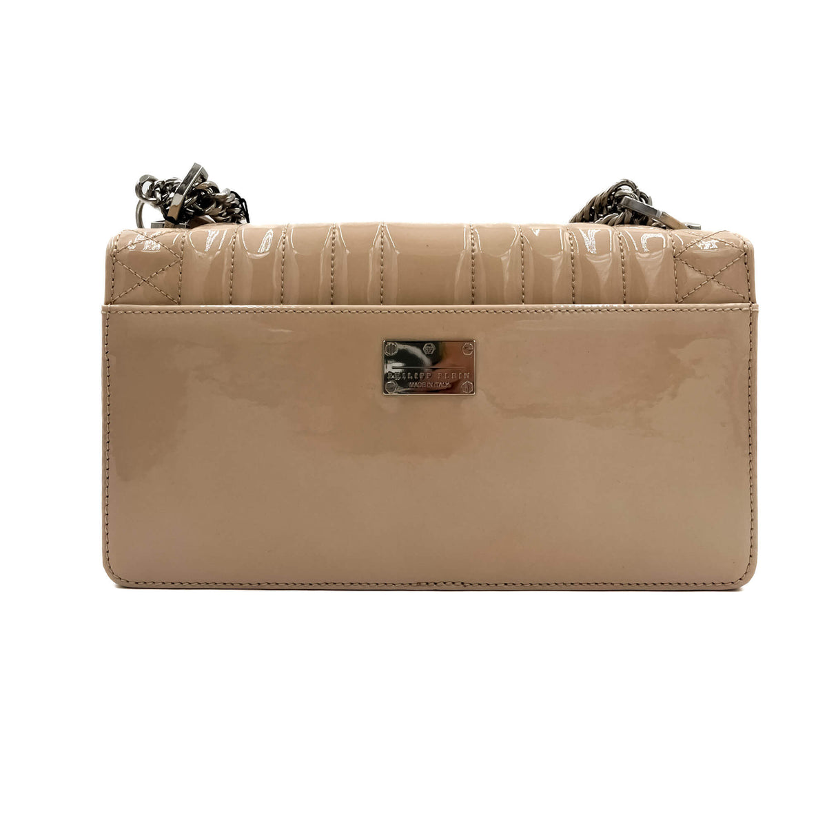 Second hand Philipp Plein Hexagon Medium Patent Leather 2-Ways Flap Bag Beige - Tabita Bags
