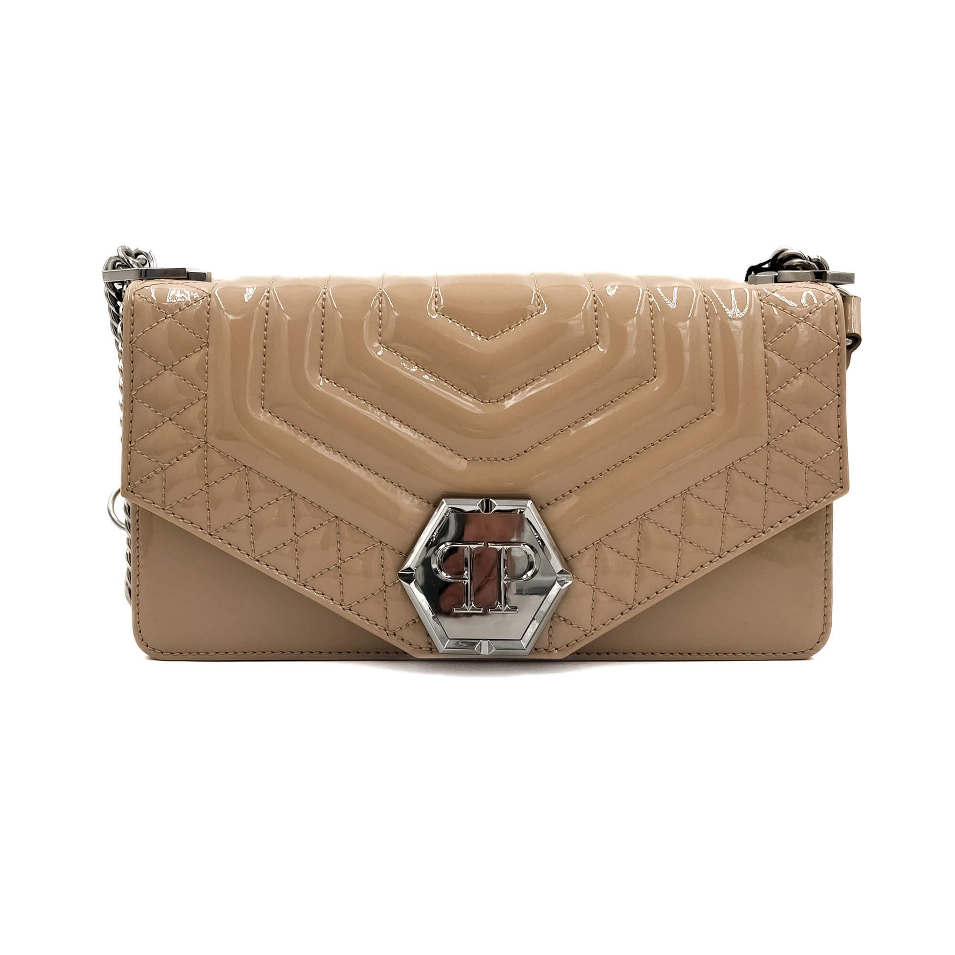 Second hand Philipp Plein Hexagon Medium Patent Leather 2-Ways Flap Bag Beige - Tabita Bags