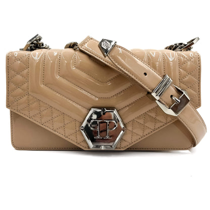 Second hand Philipp Plein Hexagon Medium Patent Leather 2-Ways Flap Bag Beige - Tabita Bags