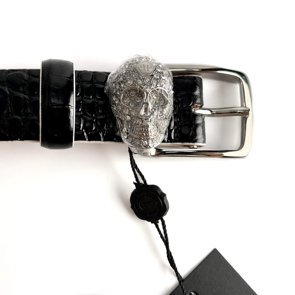 Second hand Philipp Plein Skull Croco Printed Leather Medium Belt 80 Black - Tabita Bags