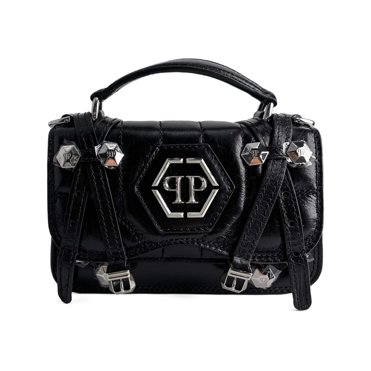 Second hand Philipp Plein Superheroin Hexagon Small Calf Leather 2 - Ways Flap Belt Bag Black - Tabita Bags