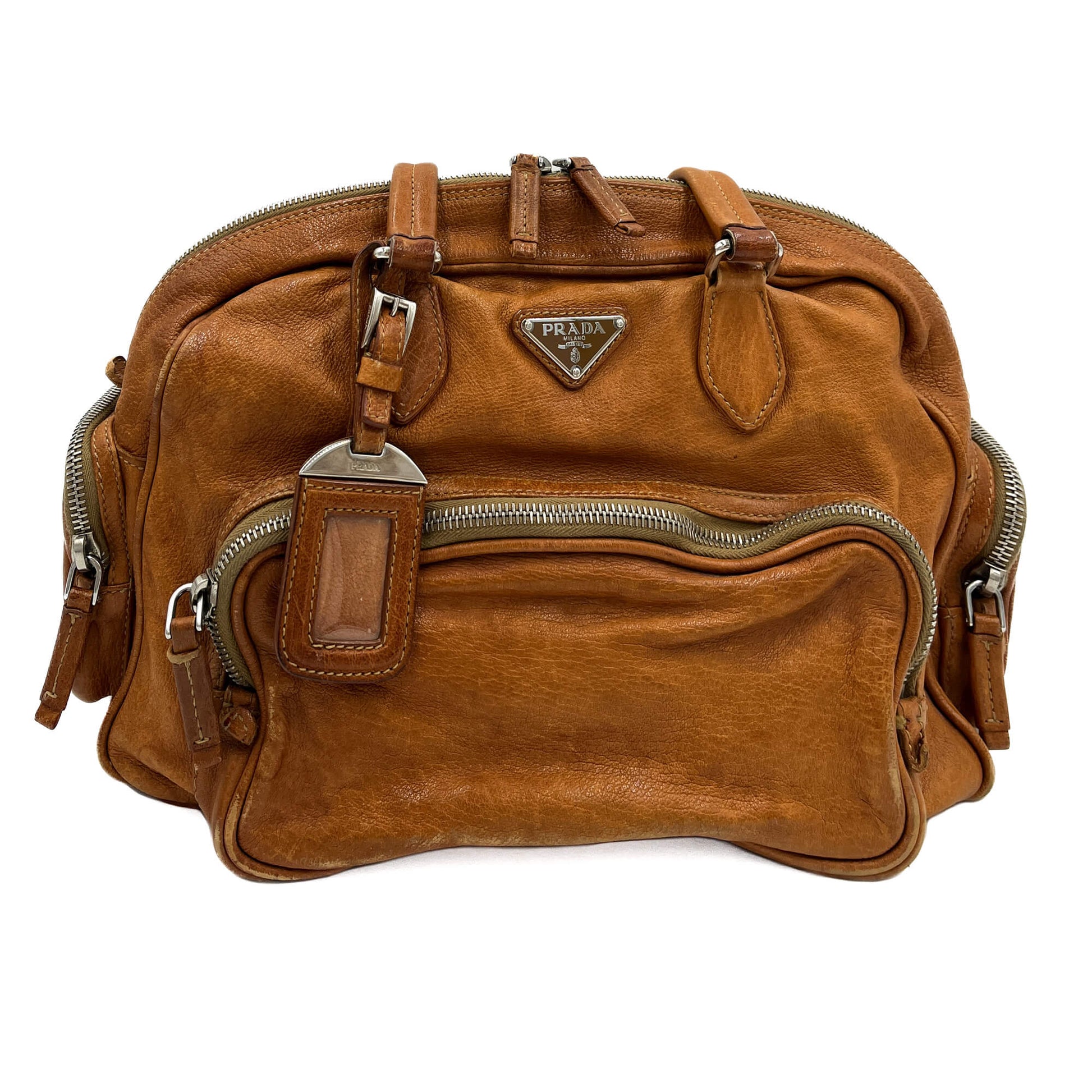 Second hand Prada Bowling Winkler Leather Bowler Shoulder Bag Caramel - Tabita Bags