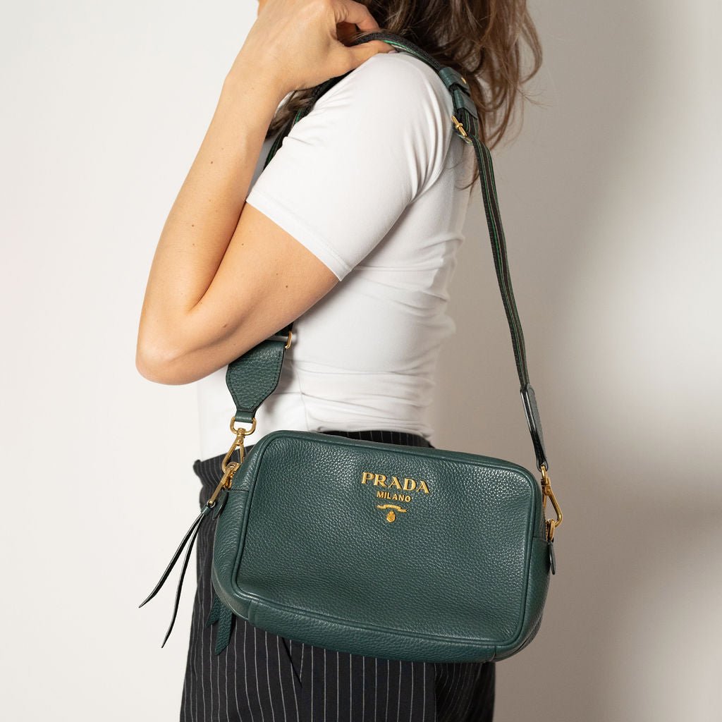 Second hand Prada Camera Shoulder Bag Daino Leather Green - Tabita Bags