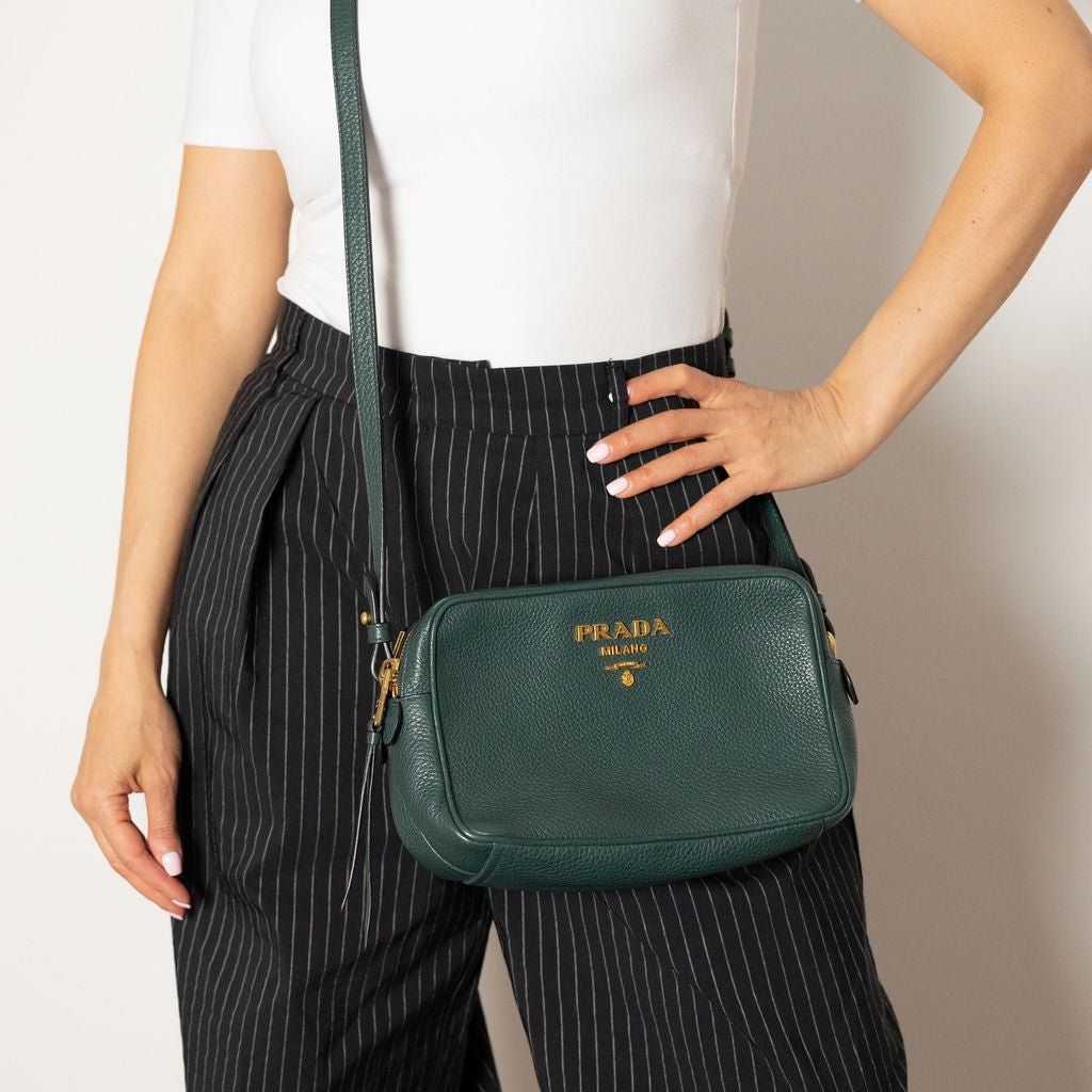 Second hand Prada Camera Shoulder Bag Daino Leather Green - Tabita Bags