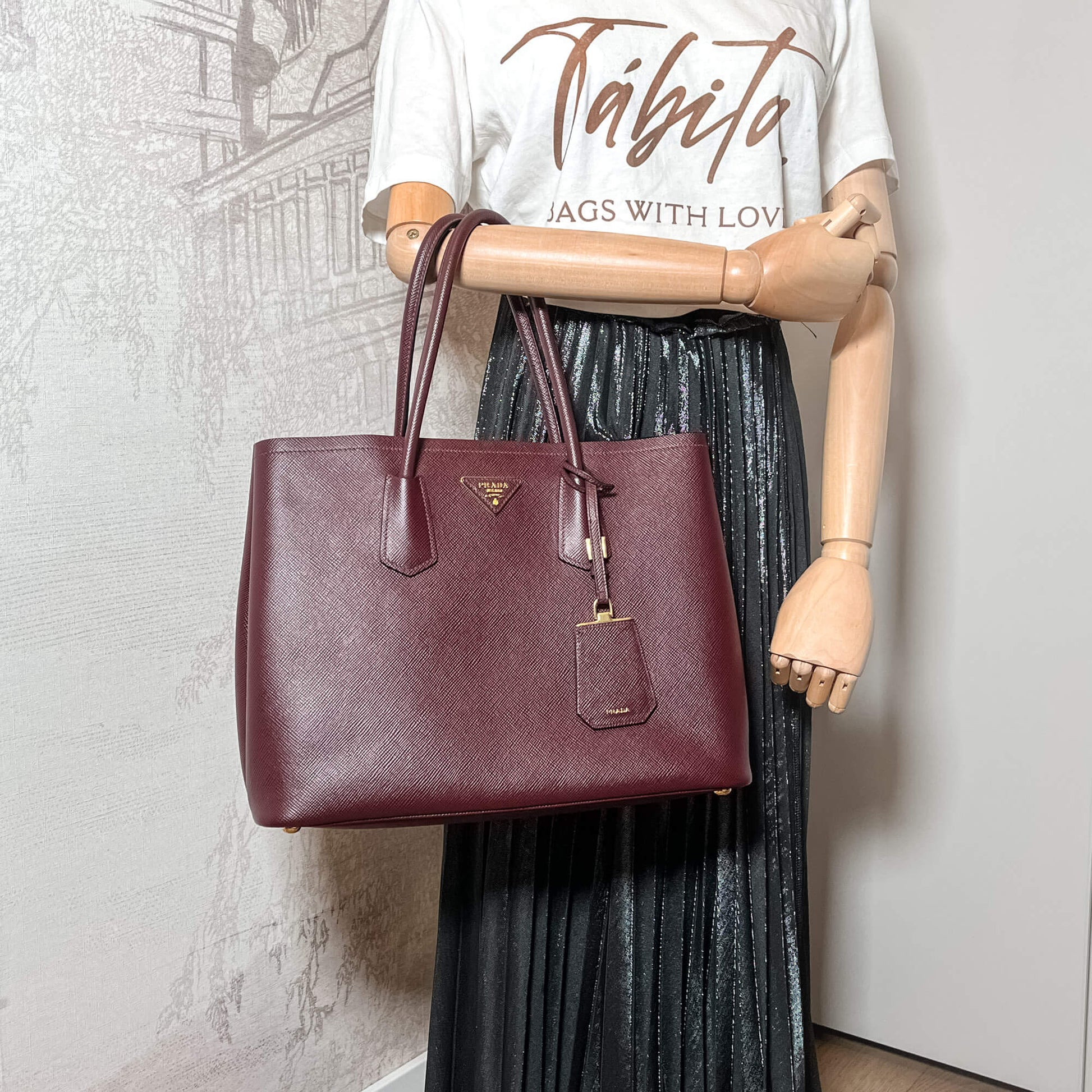 Second hand Prada Double Saffiano Leather Tote Bag Burgundy - Tabita Bags