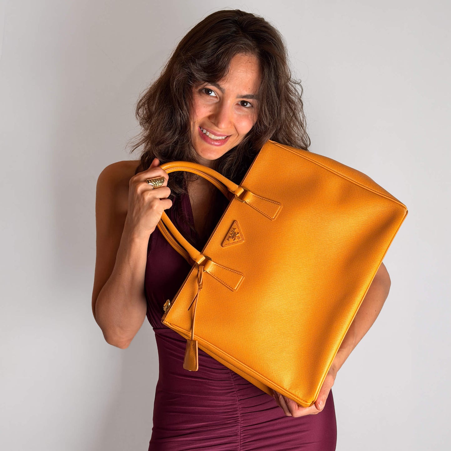 Second hand Prada Galleria Large Saffiano Lux Leather Tote Handbag Mustard - Tabita Bags