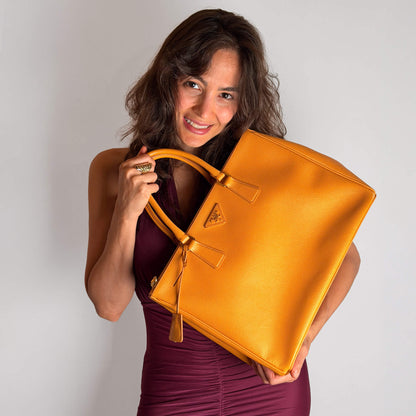 Second hand Prada Galleria Large Saffiano Lux Leather Tote Handbag Mustard - Tabita Bags