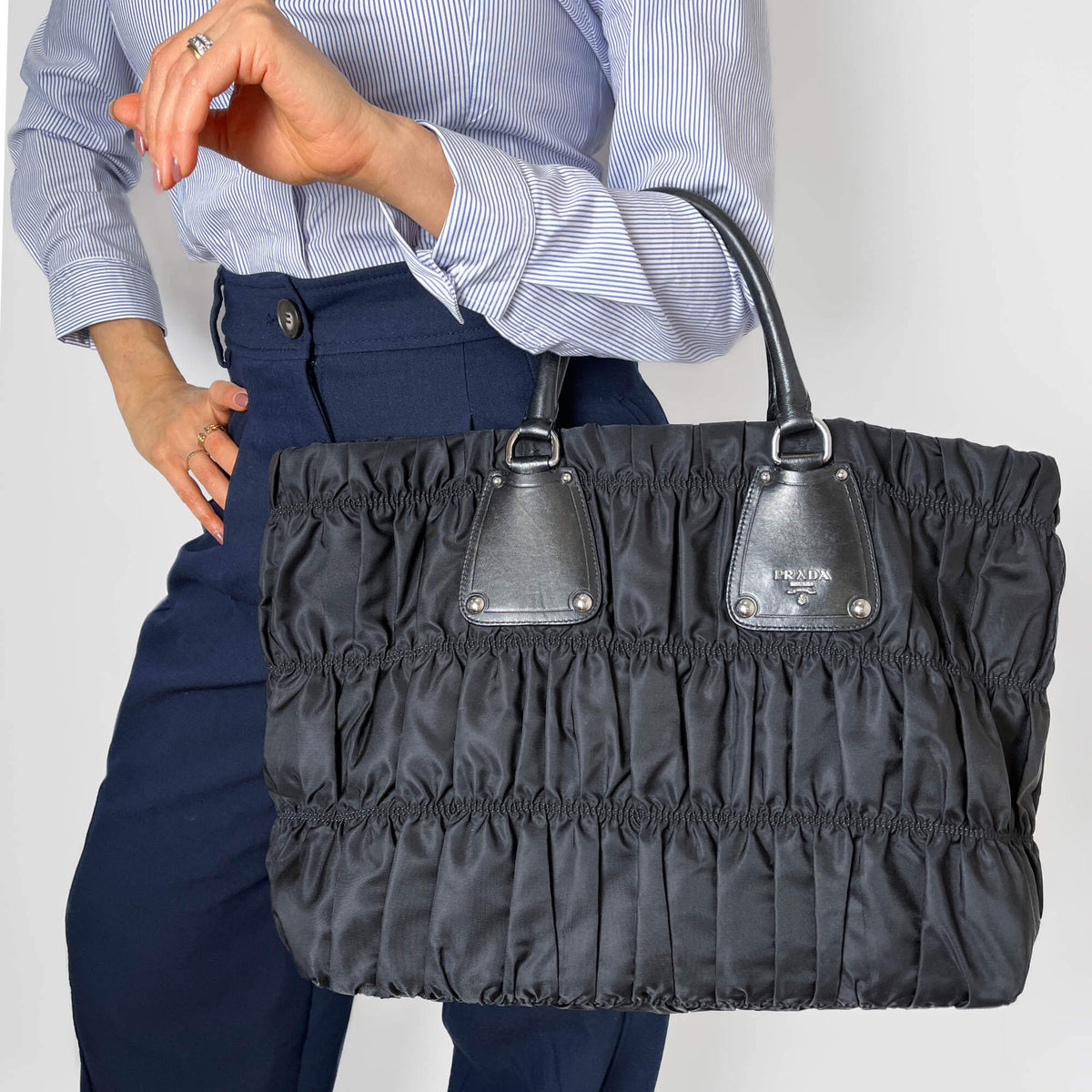 Second hand Prada Gaufre Econyl Nylon Tote Handbag Black - Tabita Bags