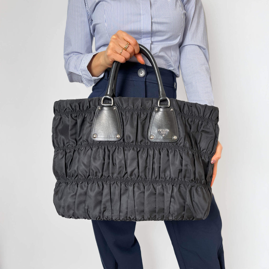 Second hand Prada Gaufre Econyl Nylon Tote Handbag Black - Tabita Bags
