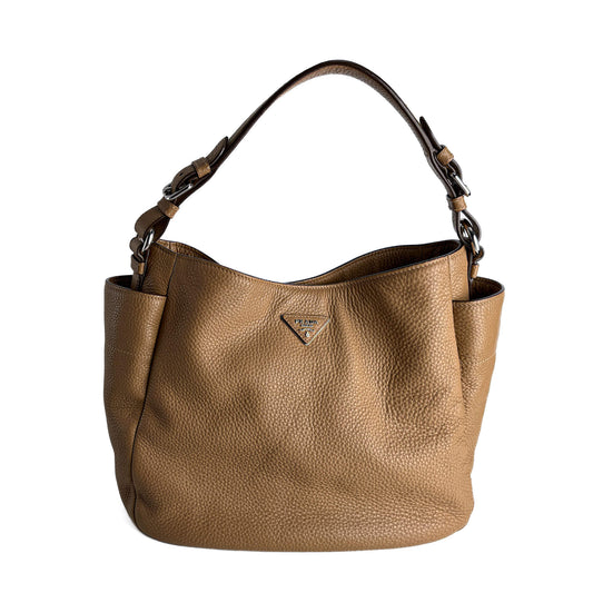 Second hand Prada Hobo Daino Leather Shoulder Bag Beige - Tabita Bags