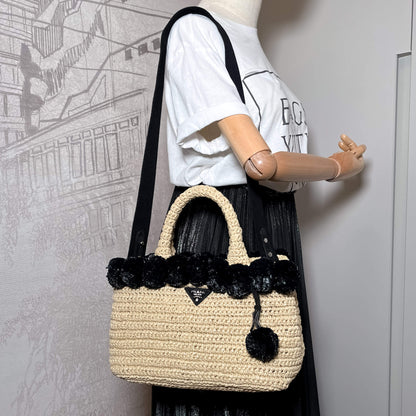 Second hand Prada Kristen Raffia 2-Ways Tote Bag Pon Pon Beige - Tabita Bags