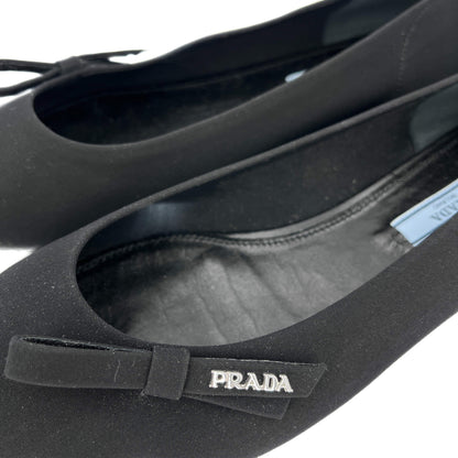 Second hand Prada Logo Plaque Ballerina Satin & Leather Shoes 38.5 Black - Tabita Bags