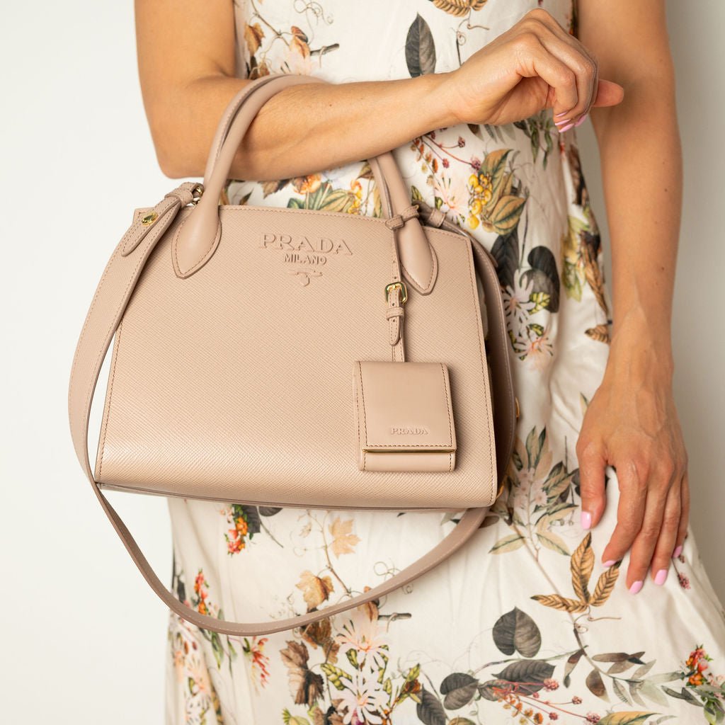 Second hand Prada Monochrome Saffiano Leather Tote Handbag Beige Pink - Tabita Bags