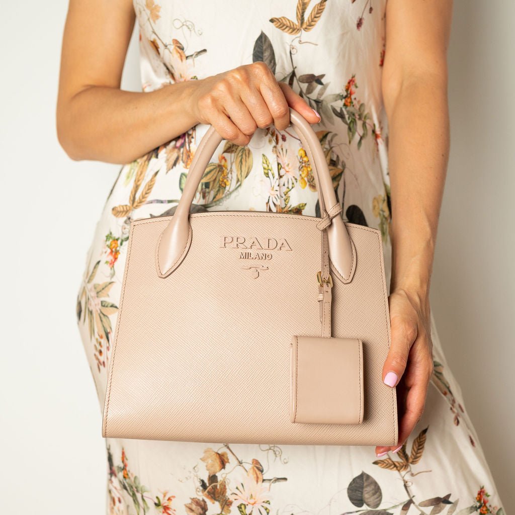 Second hand Prada Monochrome Saffiano Leather Tote Handbag Beige Pink - Tabita Bags